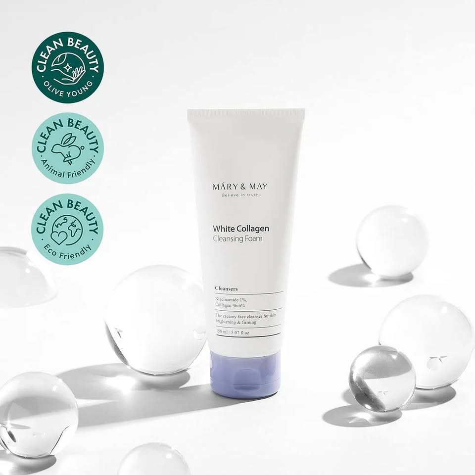 MARY & MAY White Collagen Cleansing Foam — Brightening & Anti-Aging Gentle Cleanser